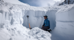 ai generated image of a backcountry skier in a snow pit conducting a study