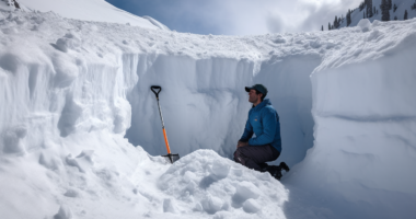 ai generated image of a backcountry skier in a snow pit conducting a study